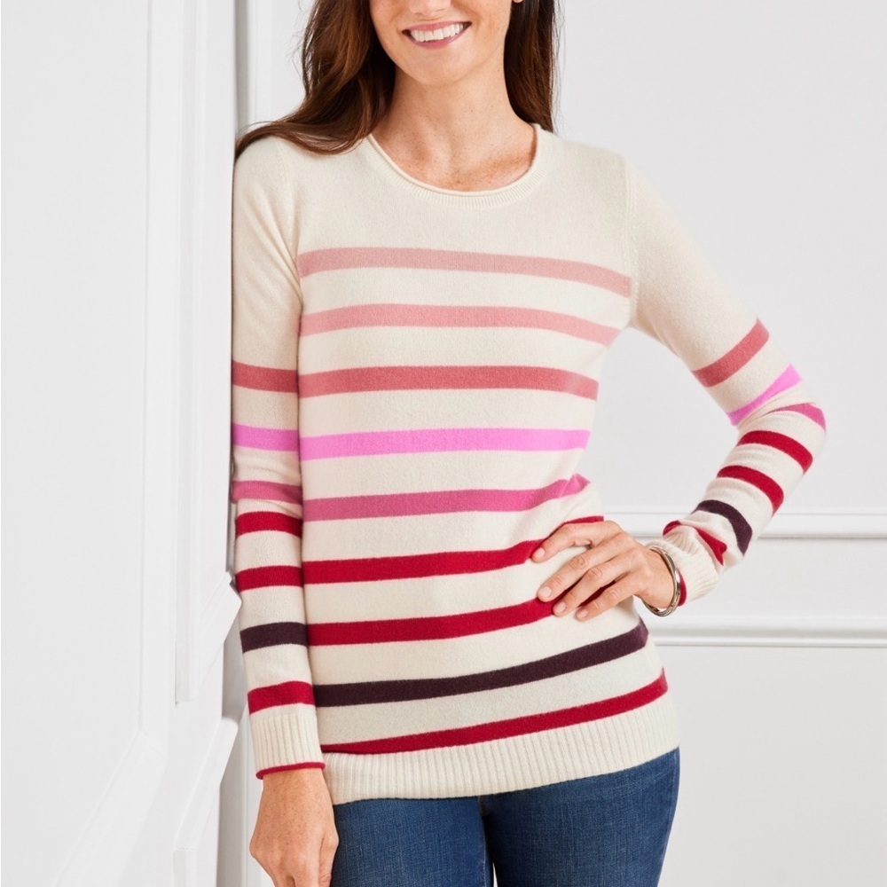 Talbots Cream and Pink Striped Cashmere Sweater Size Large Petite
